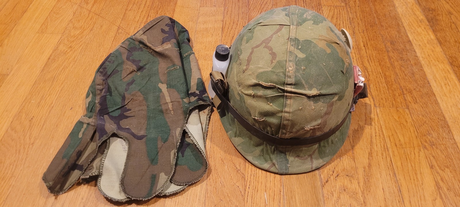 Vietnam M1 Steel Pot Helmet w/ Liner Mitchell Covers ERDL ARVN band watch spoon