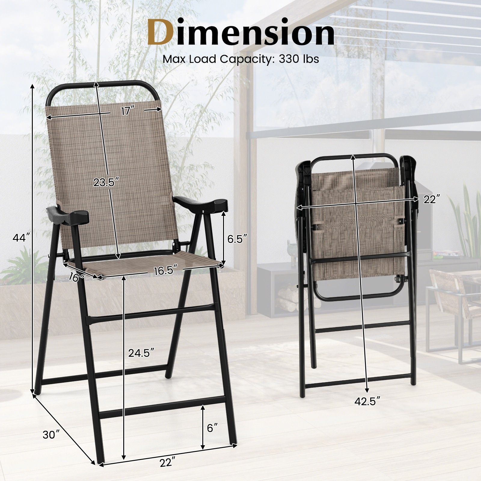 Patio 2 PCS Bar Chair Folding Bar Height Metal Frame w/ Footrest Garden Coffee