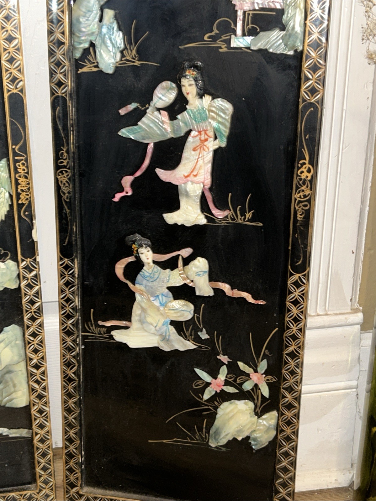 3 Vintage Laquered Asian With Mother of Pearl Panels 12”x 36” 2 Sets Available