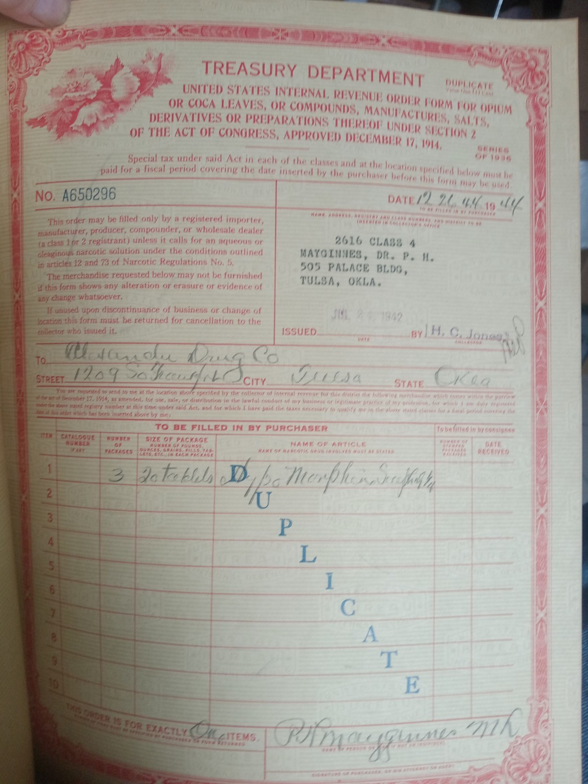 Tulsa History Opium Order Forms IRS 1936 OKLA Doctors Physicians Medical Book.