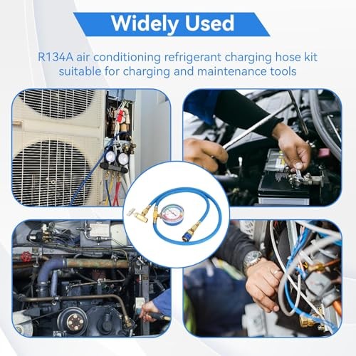 R134A Recharge Hose Kit with Gauge, AC Refrigerant Charge Hose, Self-Sealing R