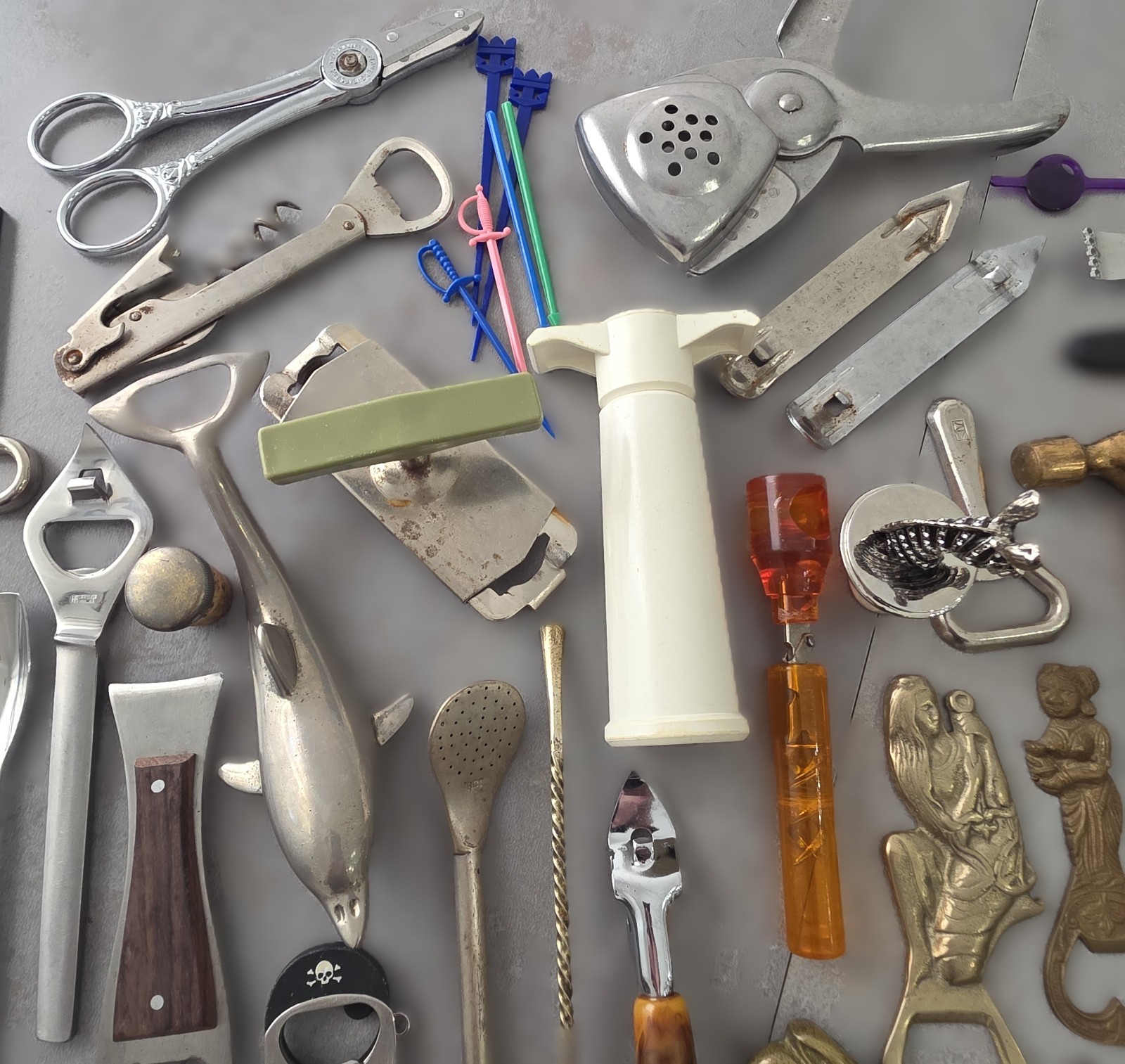 58 pc Lot of Vintage Bottle Openers, Picks, Barware, Bronze, Brass, Chrome, etc.