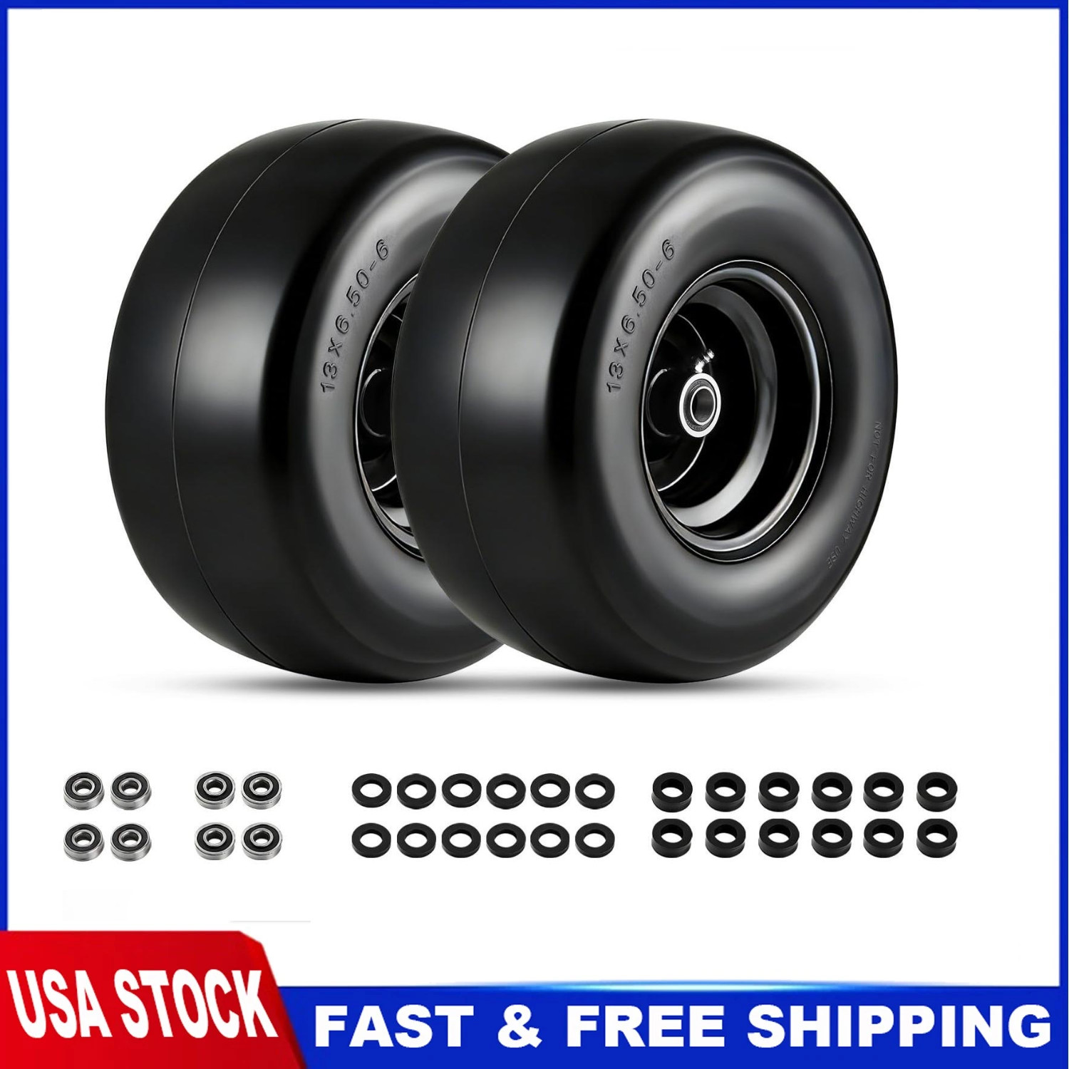 2 pack 13x6.50-6 Flat Free Tire Wheel Set w/ Bearing For Zero-Turn Lawn Mower