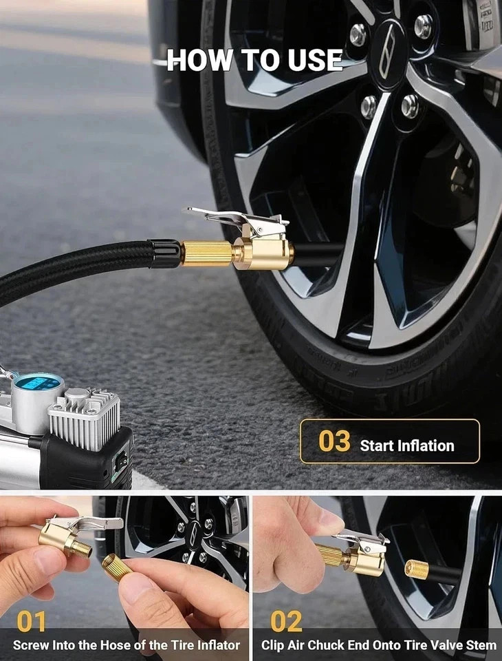 1-Pack Brass Tire Air Chuck, Locking Quick Connect Inflator Hose Adapter, No Lea