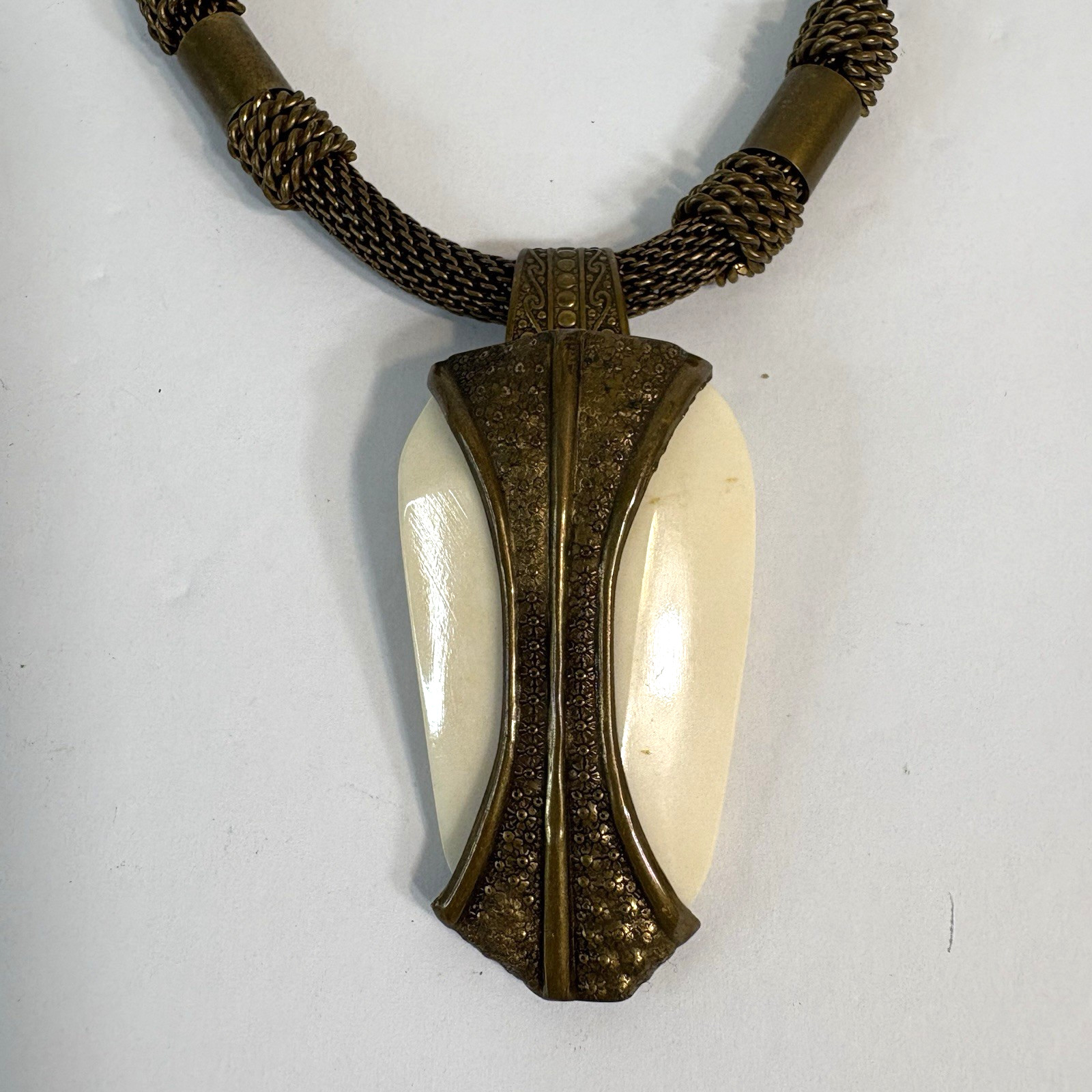 Jan Michaels Necklace Antiqued Brasstone Chunky Pendant Ethnic Boho Artisan