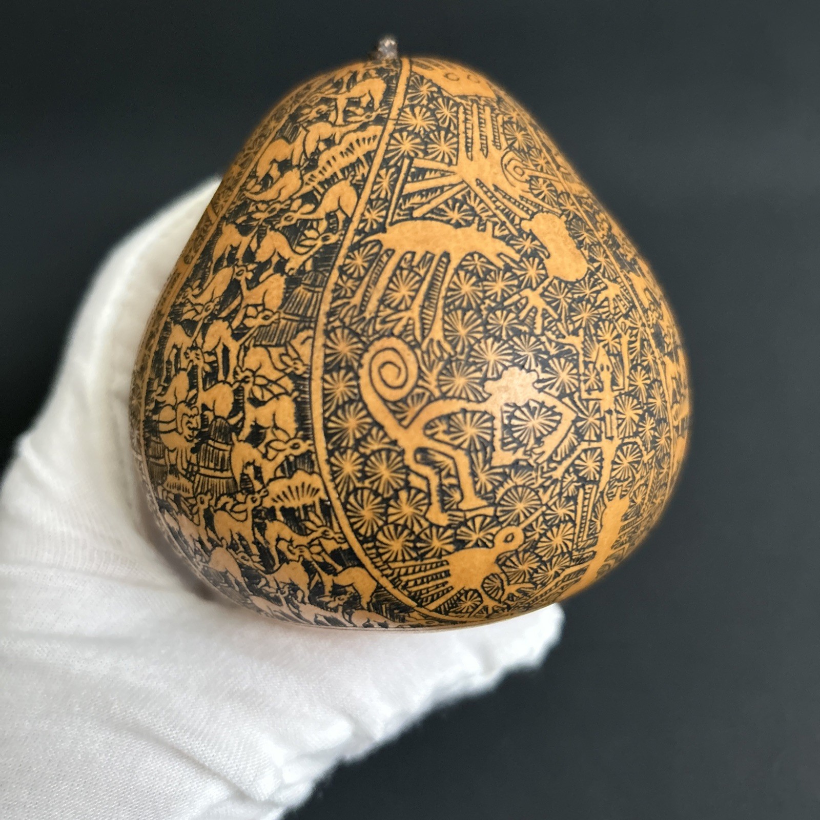 Exquisitely Hand-Carved Natural Gourd with Peruvian Cultural Motifs and Totems
