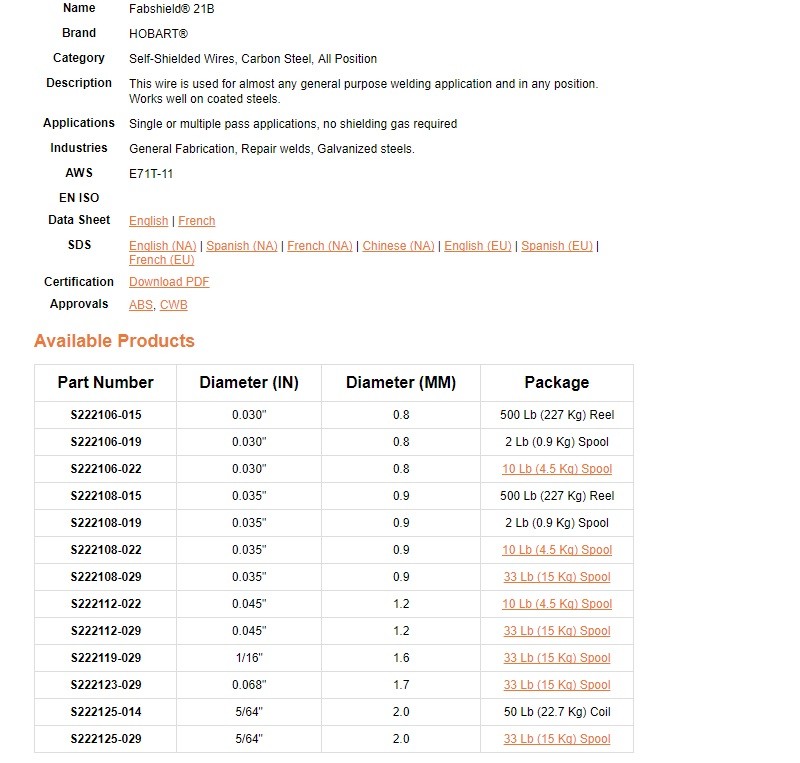 Hobart Fabshield 21B .035 x 10lb Flux Cored Wire (E71TGS035X10)