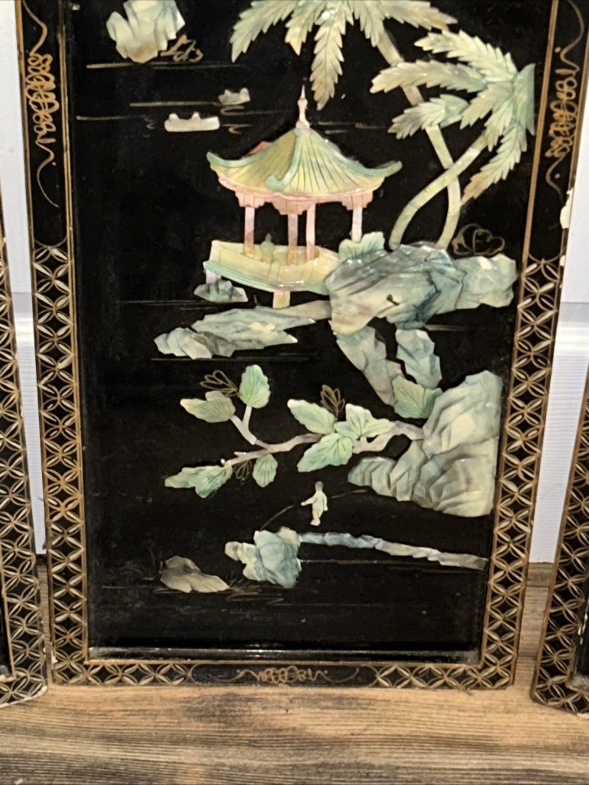 3 Vintage Laquered Asian With Mother of Pearl Panels 12”x 36” 2 Sets Available