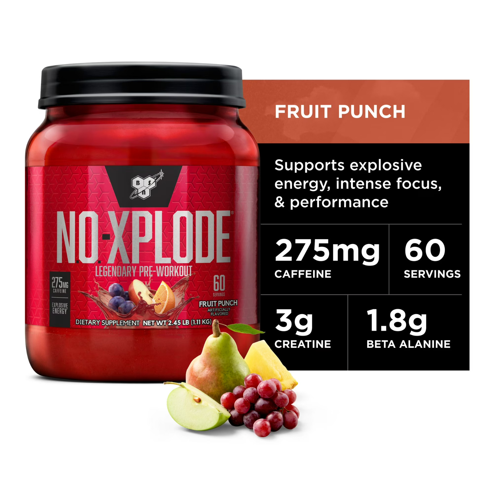 BSN NO-Xplode Pre-Workout Pump Nitric Oxide Booster 60 Servings Fruit Punch