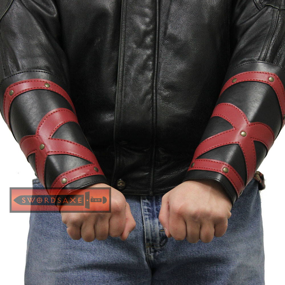 Dark Knight Medieval Templar Red Cross Crusader Leather Bracers Black Cosplay