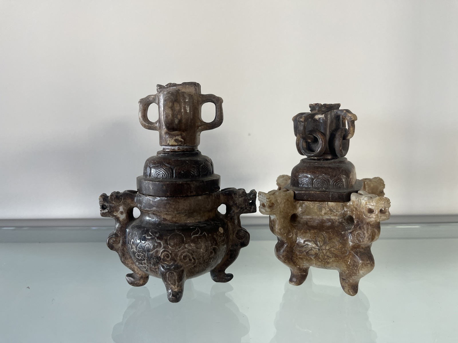 Pair Antique Chinese Carved Stone Jade Incense Burners Censer Dragons