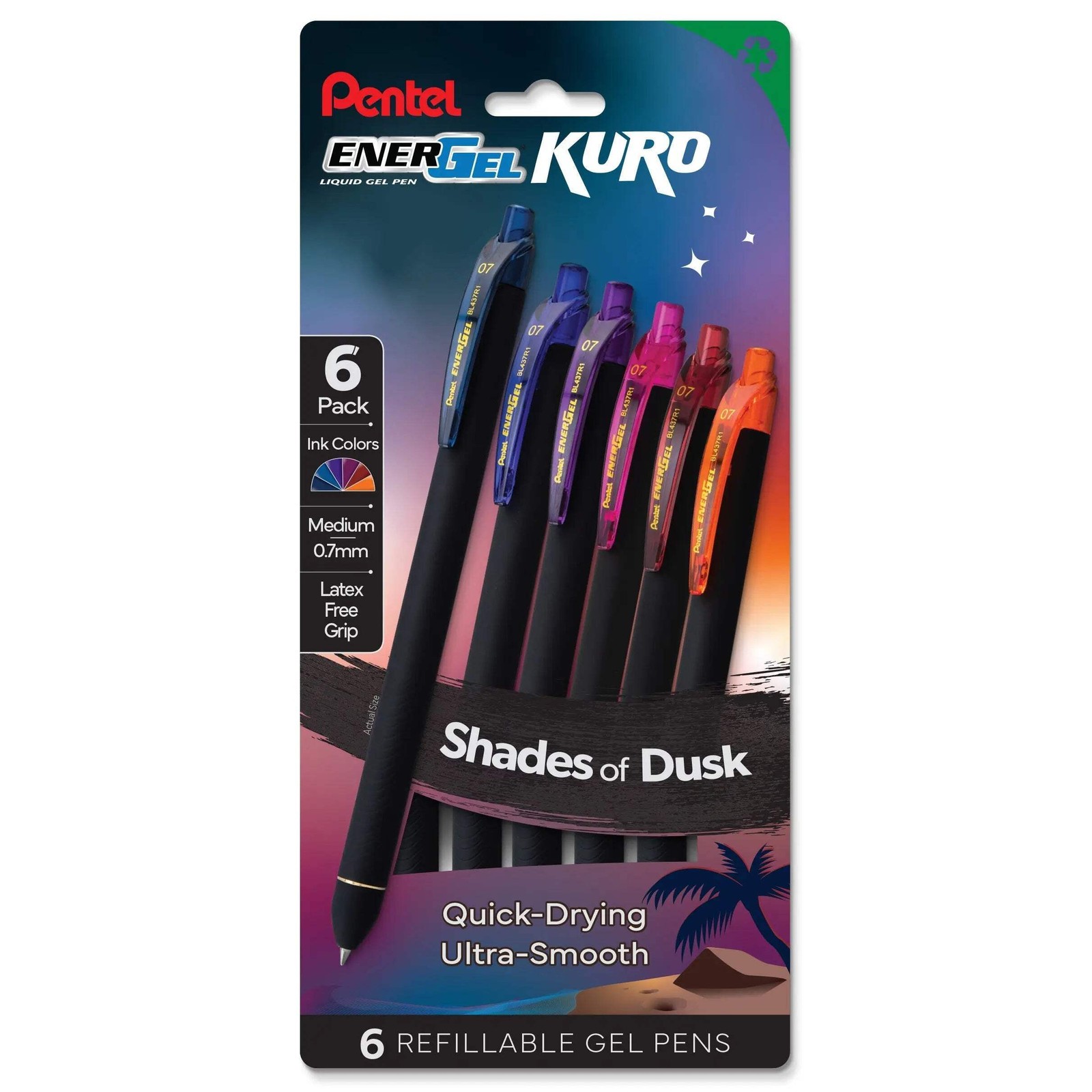 Pentel EnerGel Kuro Shades of Dusk, Assorted Ink, 6-pk