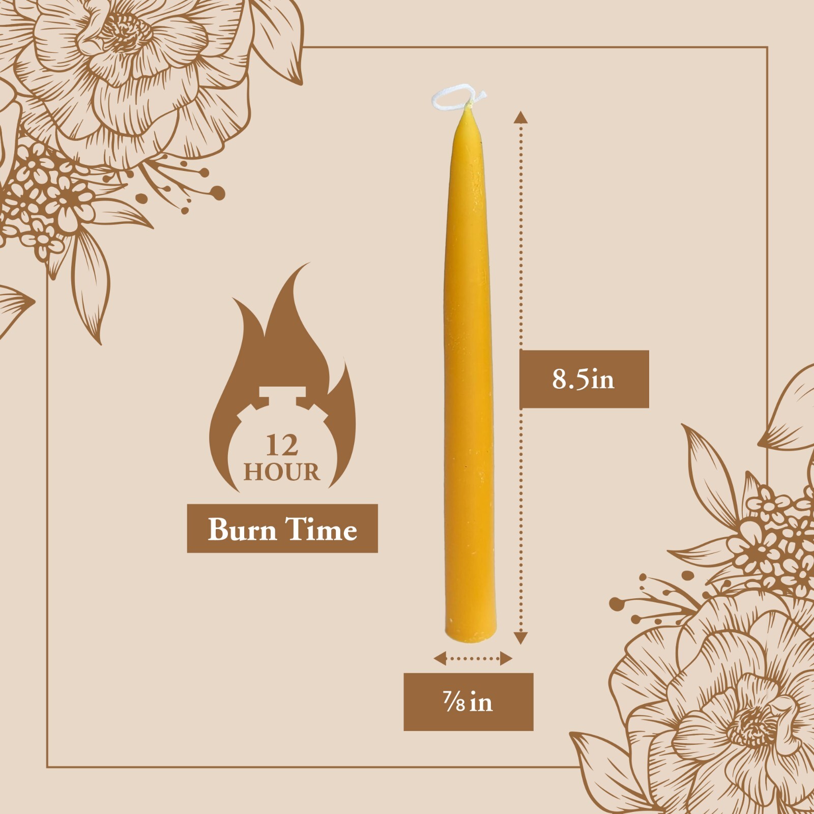 100% Pure Beeswax Taper Candles Dipped Style Unscented Choose Your Color & Size