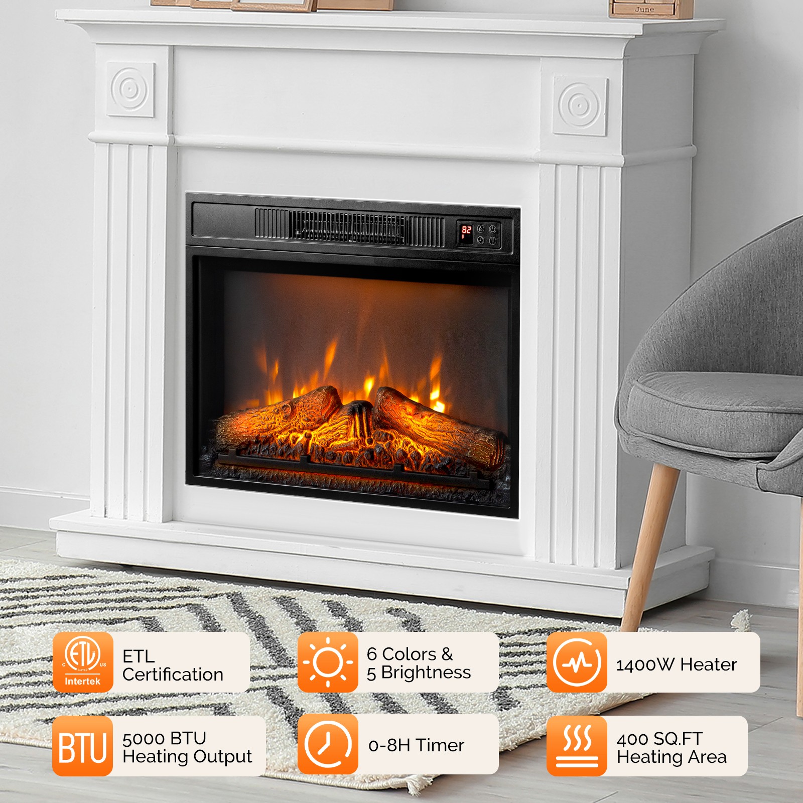 ROVSUN 23" WiFi Electric Fireplace Insert, 1400W Wall Recessed Fireplace Heater
