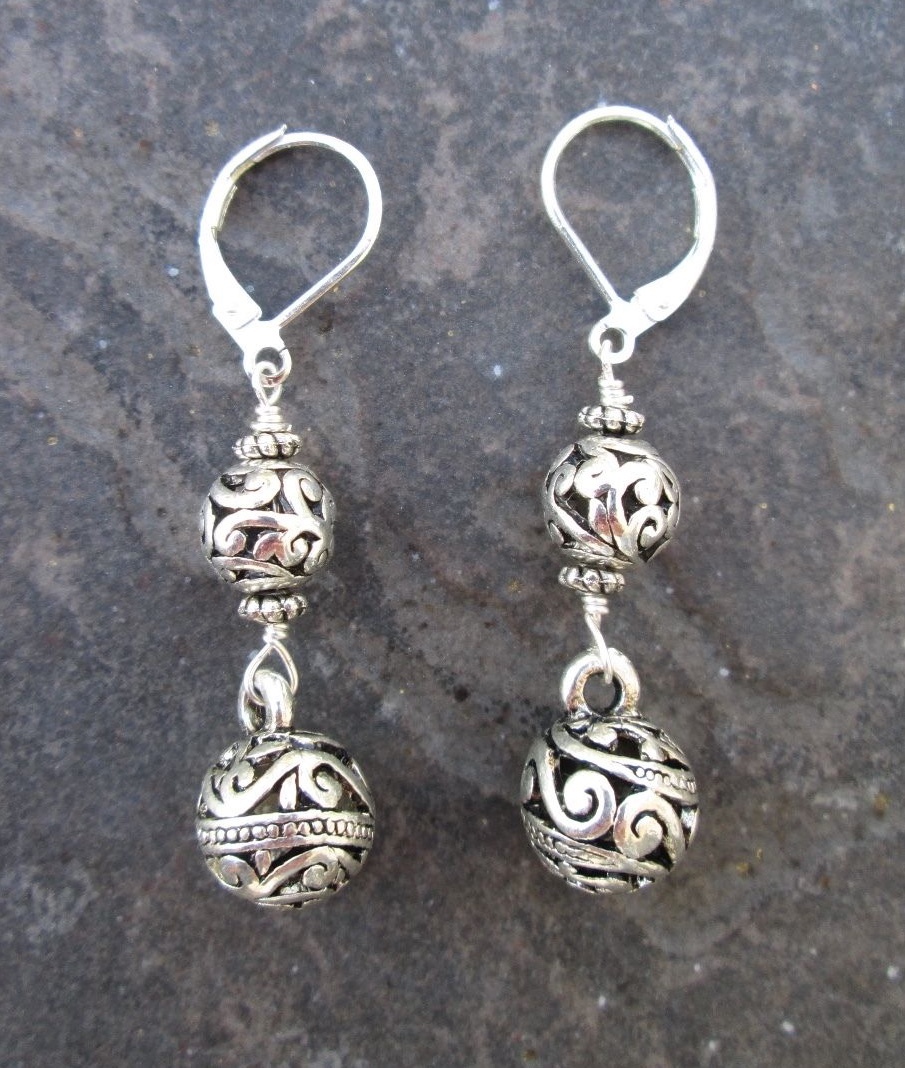 Silver Filigree Ball Earrings with Sterling Silver Leverbacks