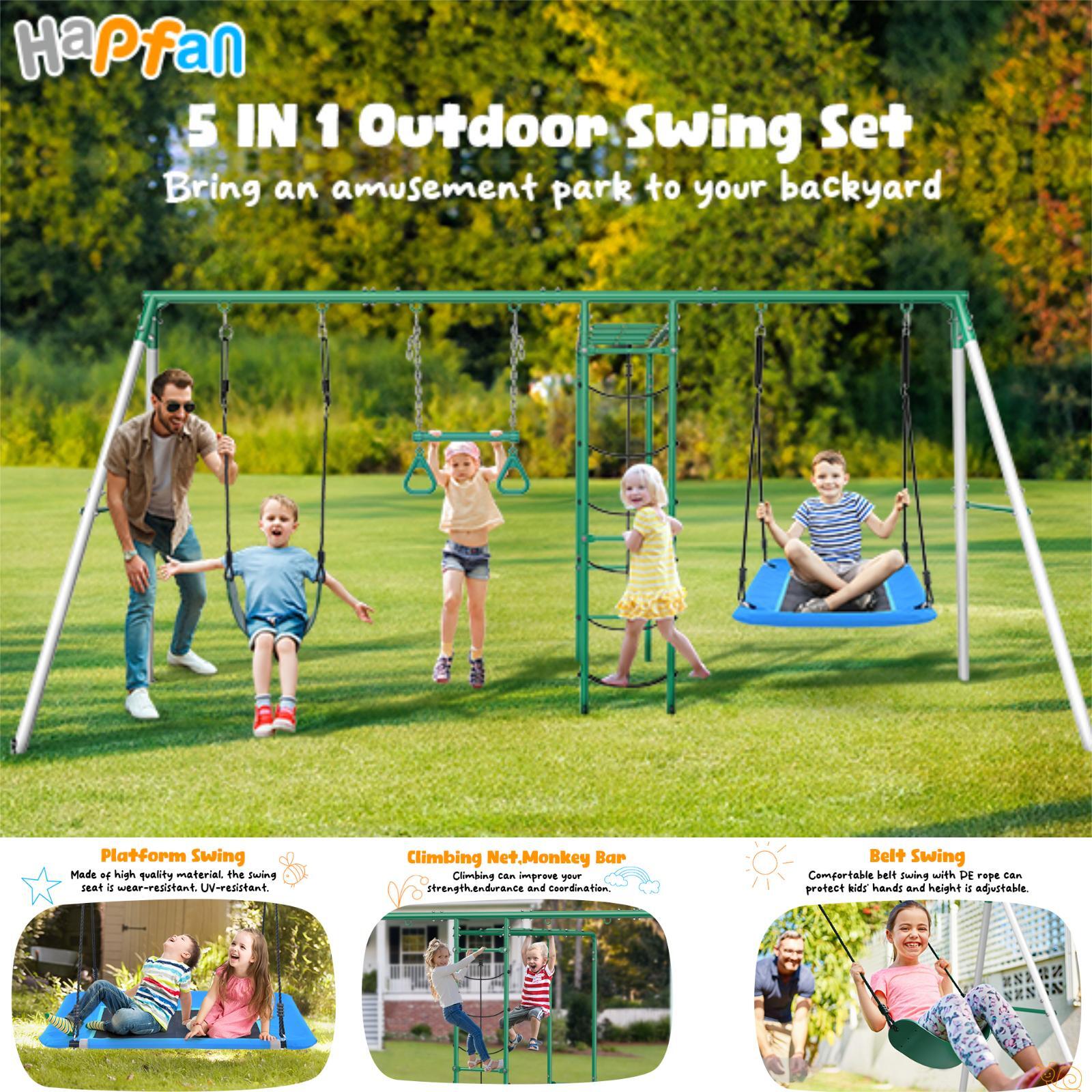 Heavy Duty Kids Metal Swing Set with 2 Swings Ladder and Monkey Bar for Backyard