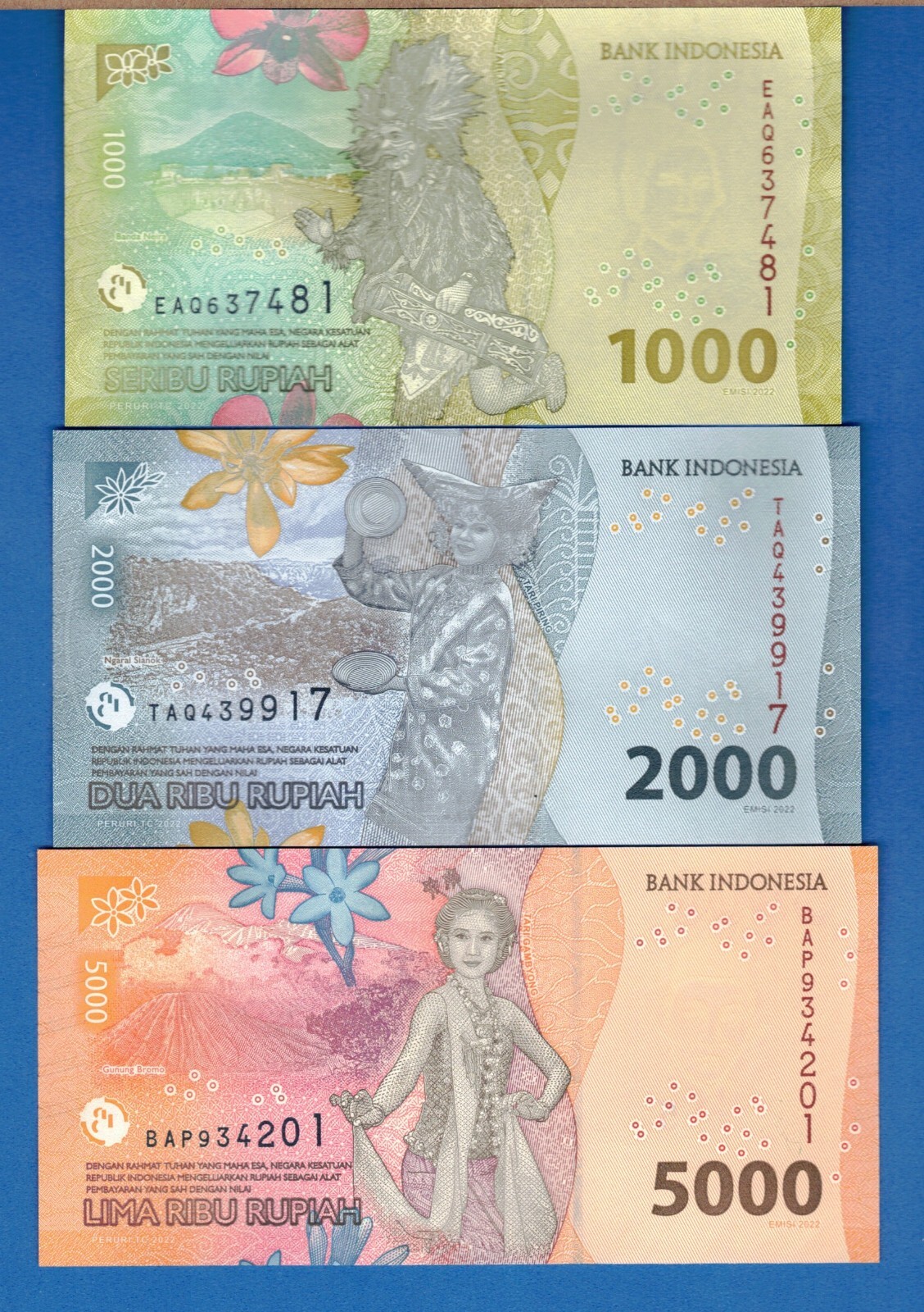 Indonesia 500 2000 5000 Rupiah 2022 Uncirculated Banknotes Set # 1