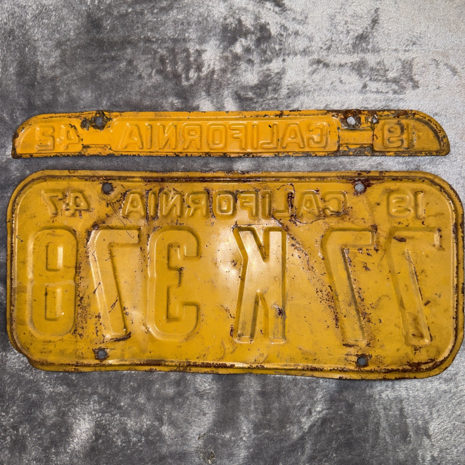 1947 California License Plate 77K378 w/ 1942 Tag Original Yellow Black CA DMV