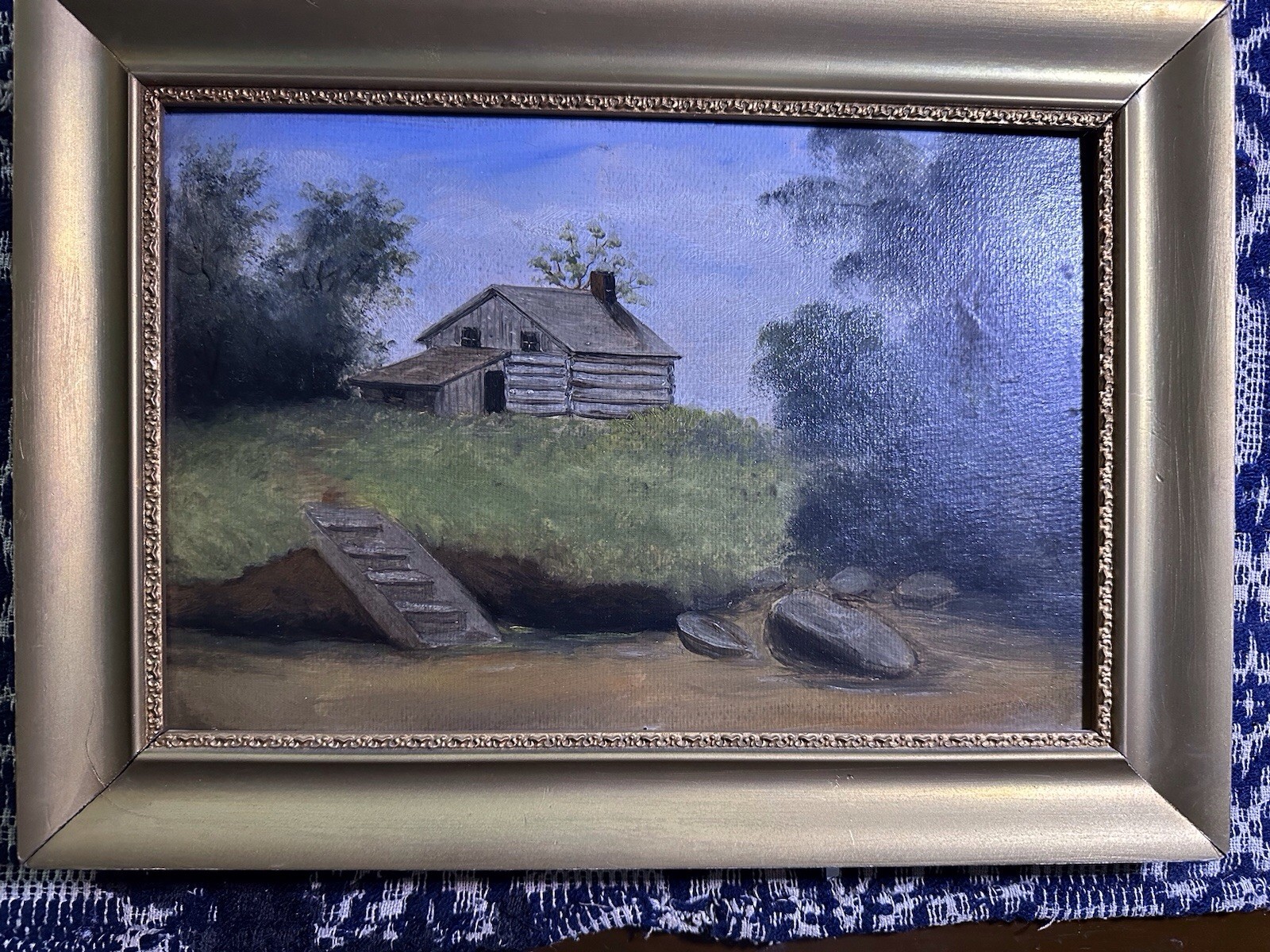 Antique American Folk Art Landscape Painting On Board Cabin In Woods