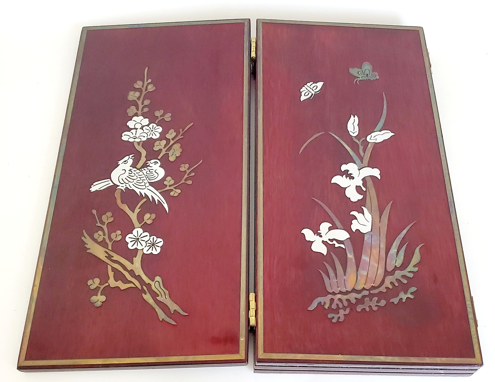 VTG JAPANESE RED LACQUER QUARTER FOLD TABLE SCREEN PANEL SILVER INLAY CHARACTERS