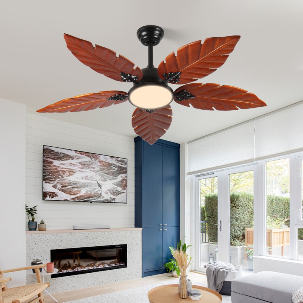 52" Palm Leaf Ceiling Fan w/ Light, Indoor/Outdoor, Reversible, Black+Bronze