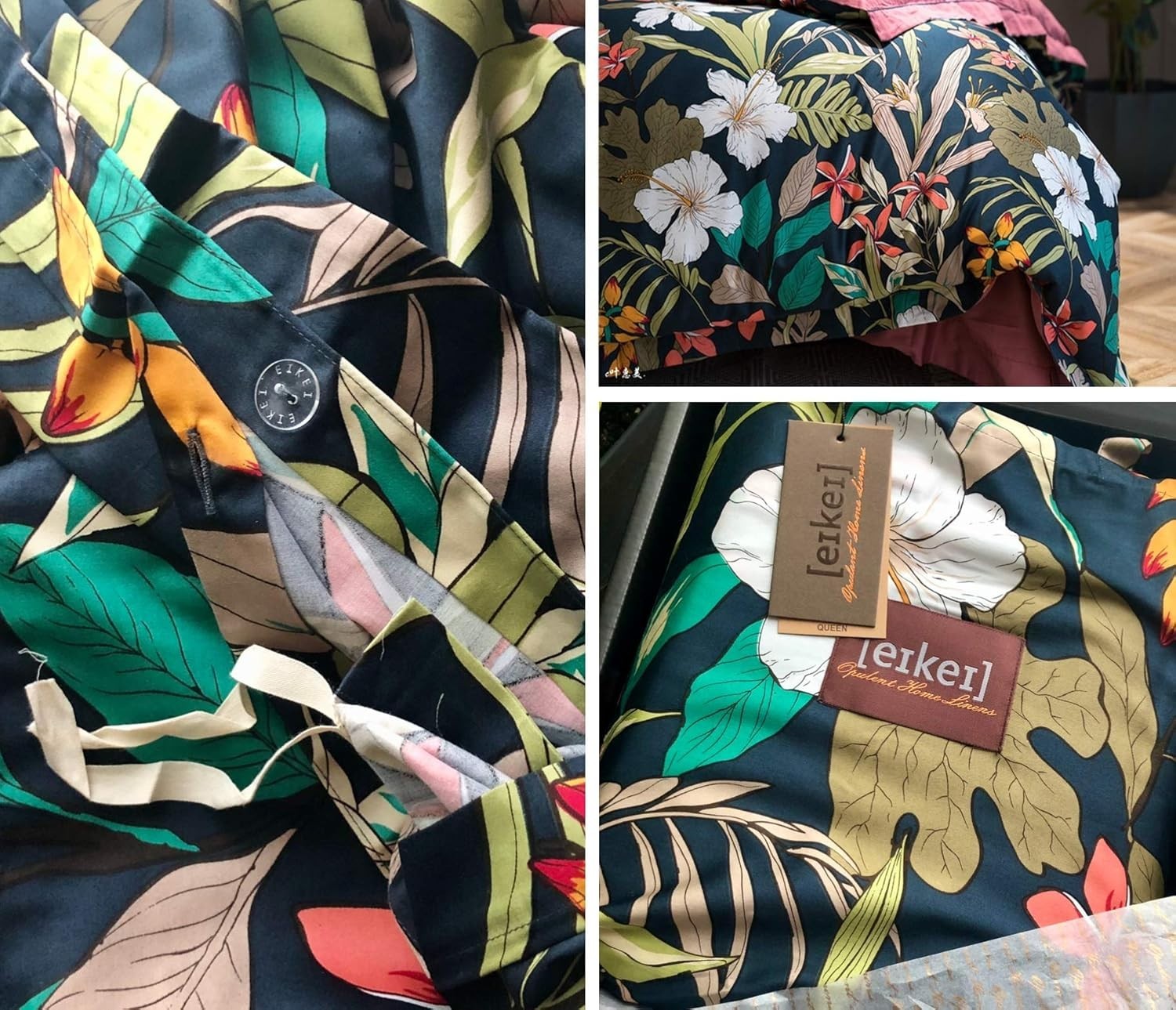 Eikei Midnight Teal Botanical Duvet Cover Egyptian Cotton Bedding Super King Set