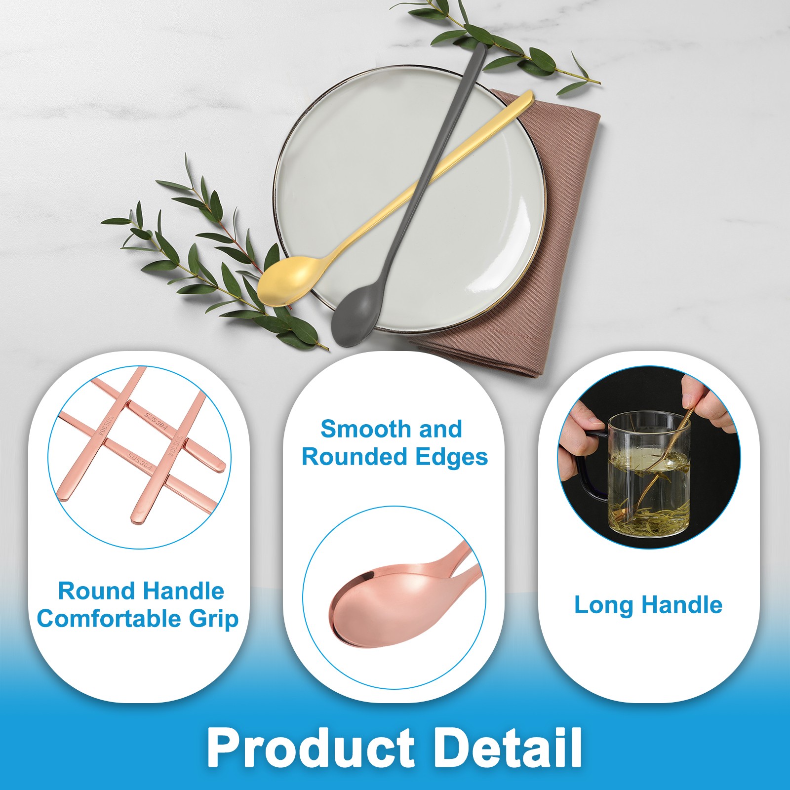 Long Handle Iced Tea Spoon, 4 Pcs 7" Stainless Steel Long Spoons, Rose Gold