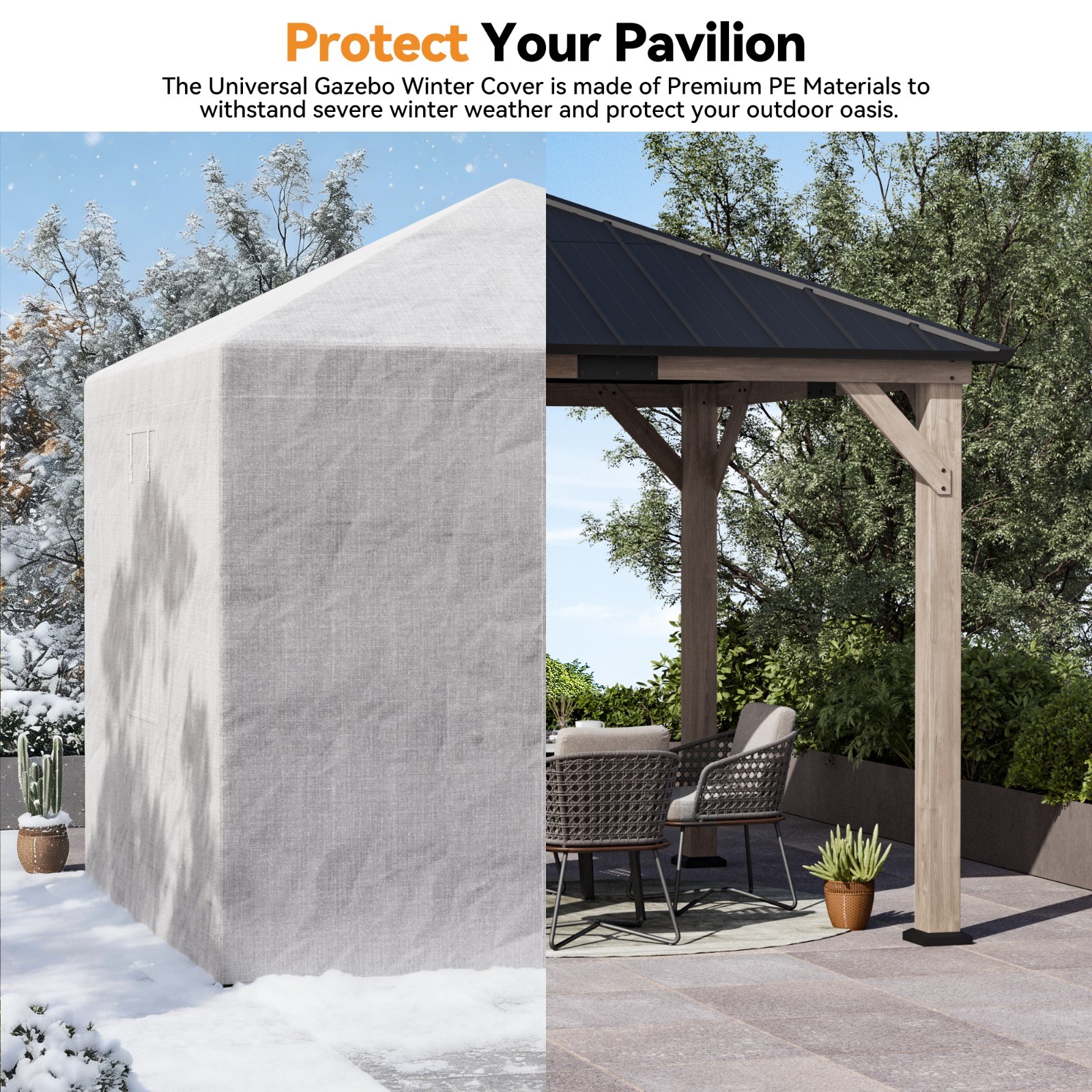 Universal Winter Gazebo Cover Waterproof w/Sidewalls and Mesh Windows (White)