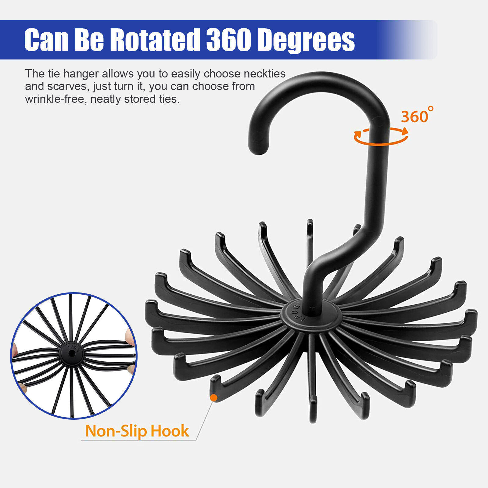 6X Neck Tie Rack 360° Rotatable Hook Hanger Organizer Scarf Belt Storage Holder