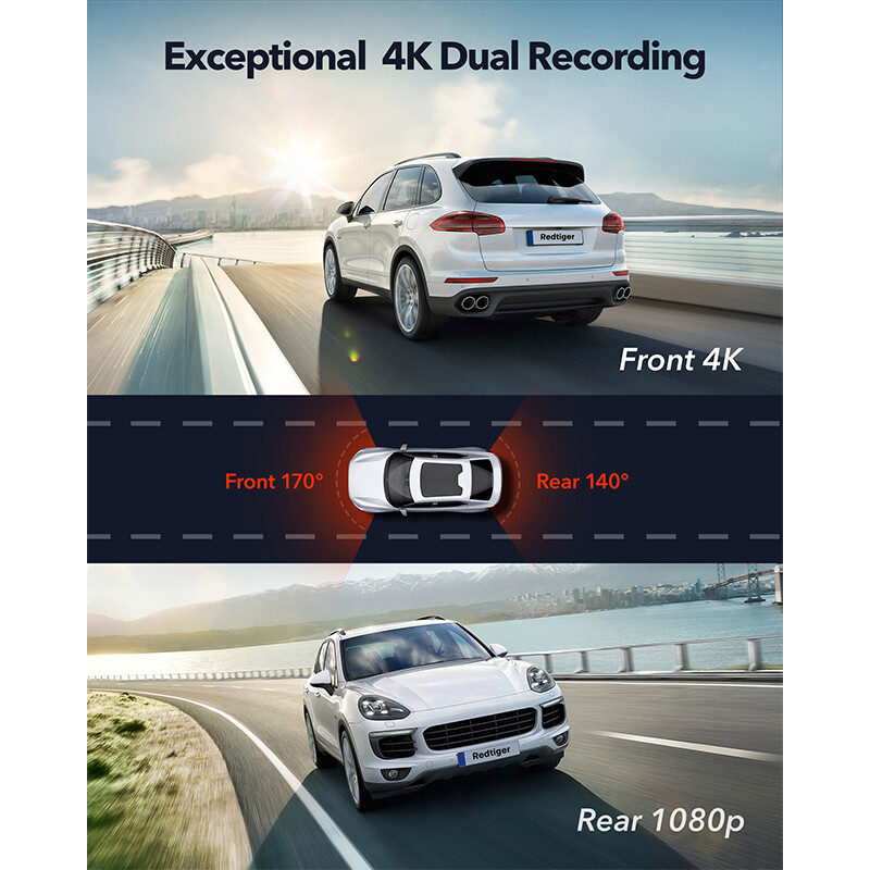 REDTIGER Dash Cam 4K Front and Rear Dash Camera WiFi GPS with Free 32GB SD Card
