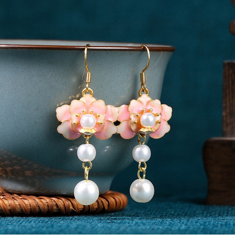 Enamel Pearl Drop Dangle Earrings Boho Flower Dainty Gemstone 18K Gold Plated