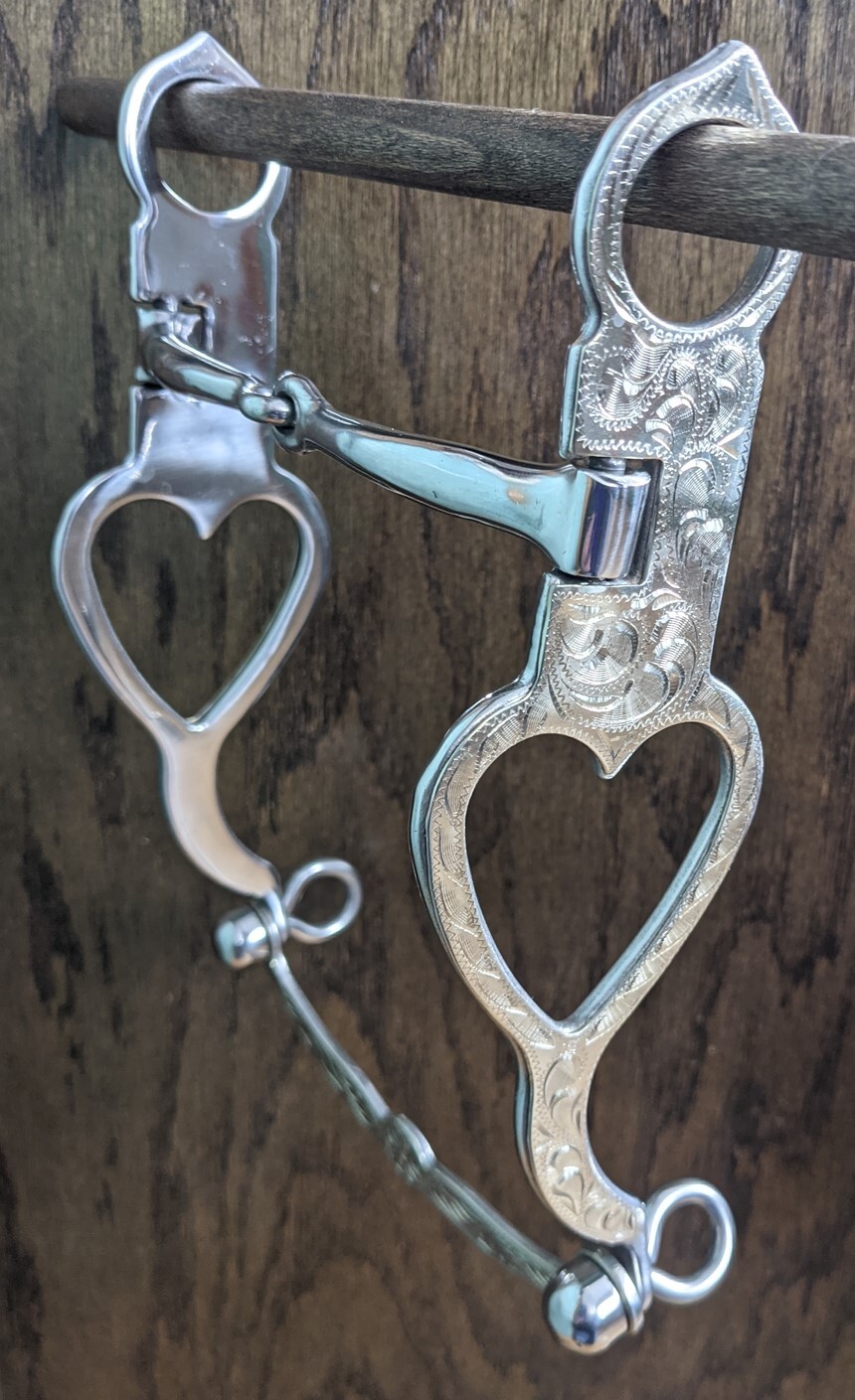 Western Silver Heart Cheek Show Bit - 5" Snaffle Mouth - 8" Cheek