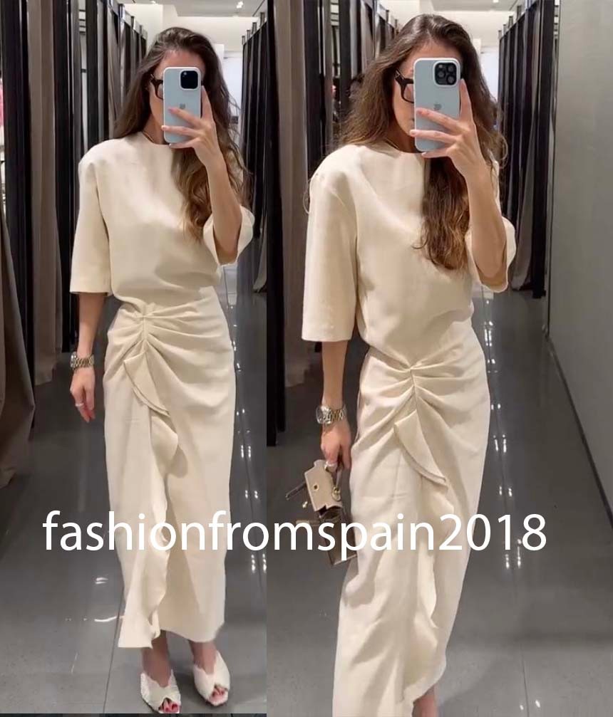 ZARA NEW WOMAN ZW COLLECTION DRAPED MIDI DRESS MID-ECRU XS-XL 2100/828/715