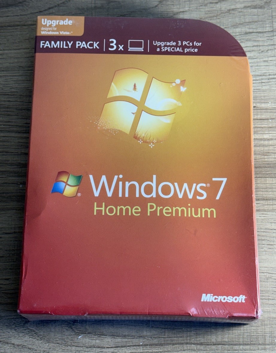 Microsoft Windows 7 Home Premium Upgrade Vista Family Pack 3 PCs NIB 32 64 bit