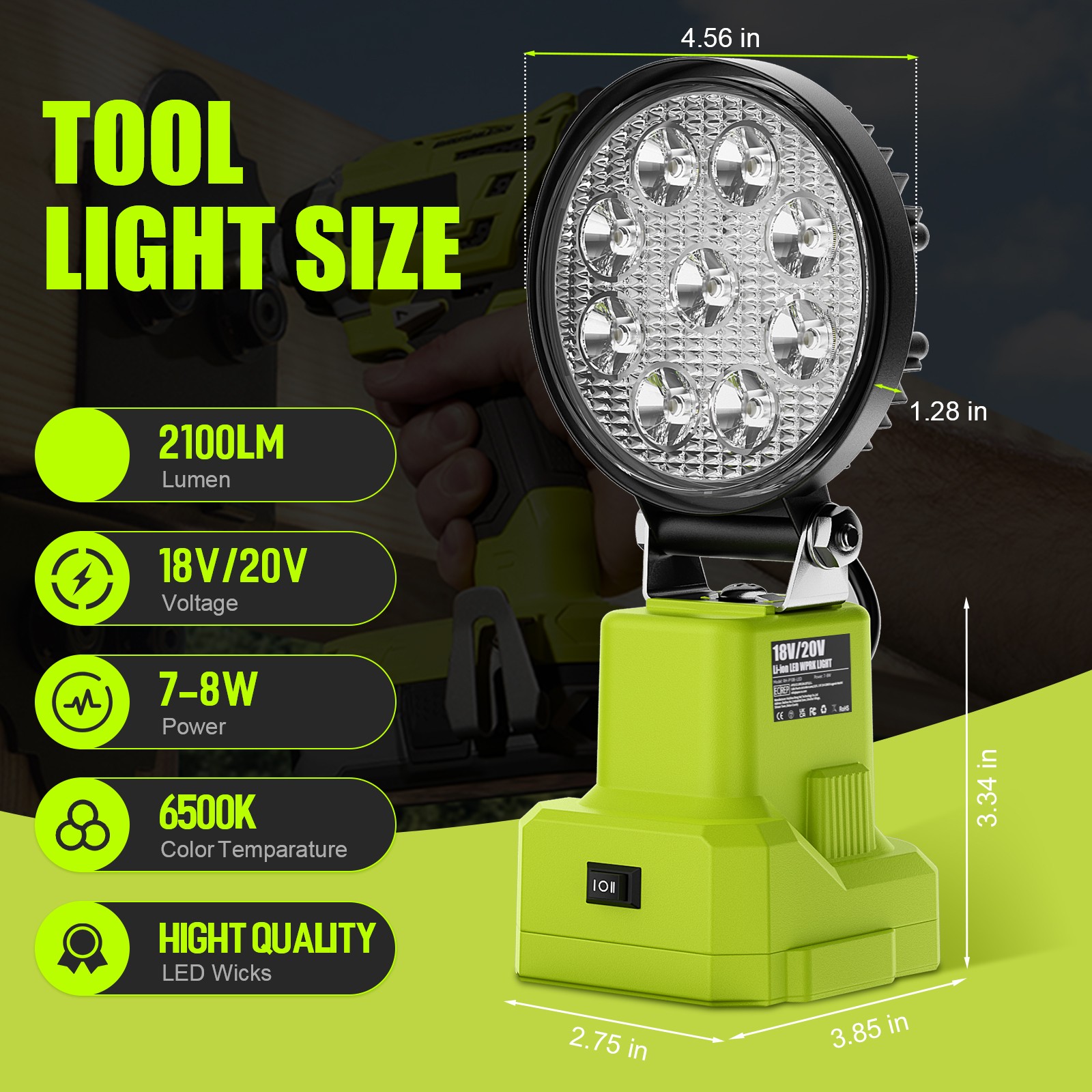 6000K Cordless Tool Light 2100LM LED Work Light for Ryobi 18V Battery 27W