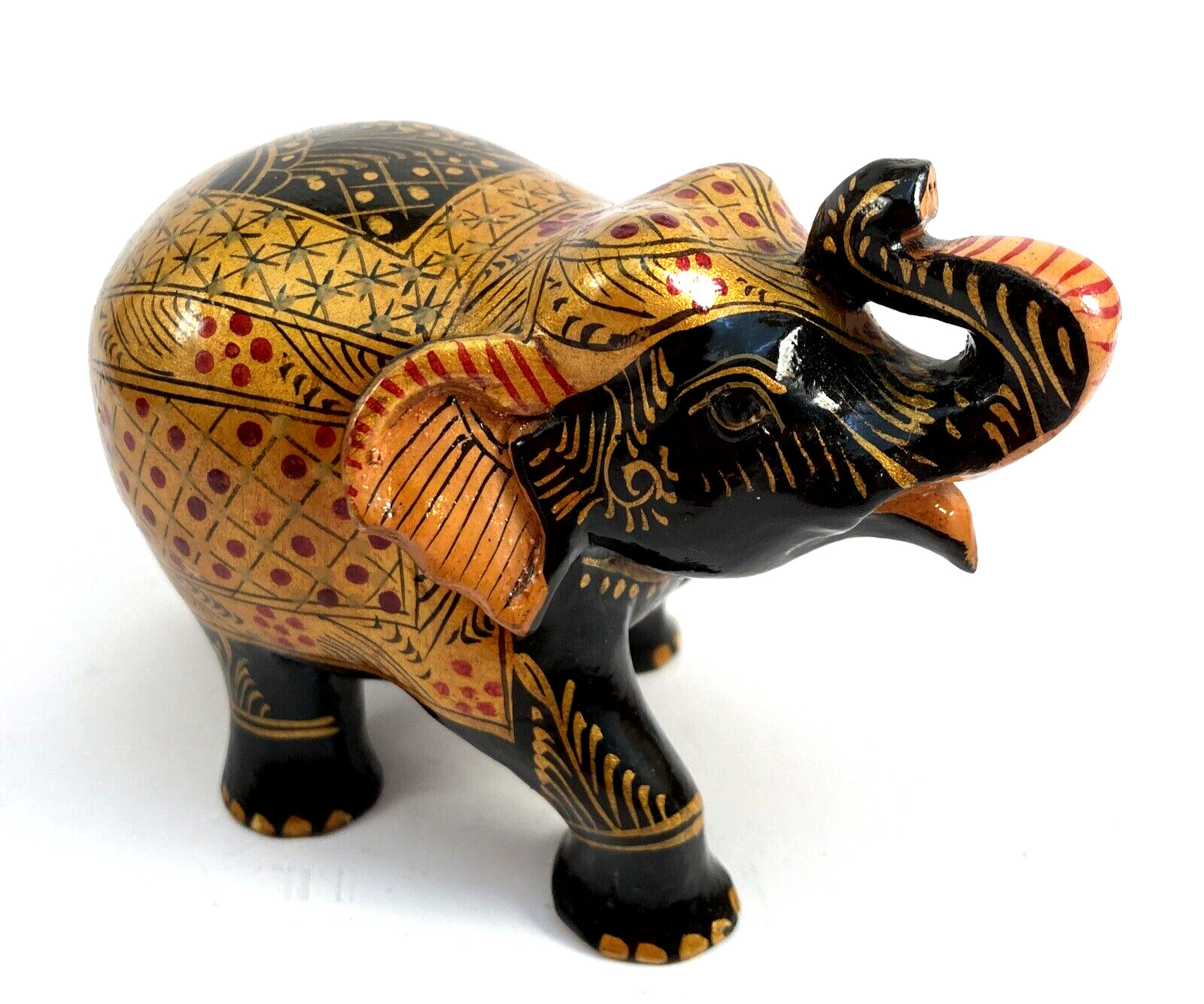 Wooden Trunk Up Elephant Figure Handpainted Gold Highlight Designs MISSING TUSKS