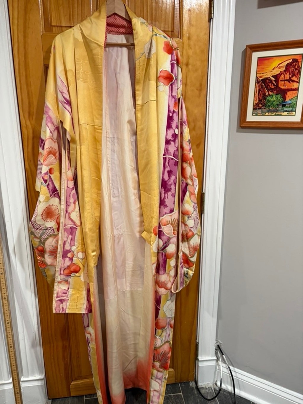 Vintage Mitsukoshi Silk Kimono Yellow Floral Gold Handpainted Long Robe Japan
