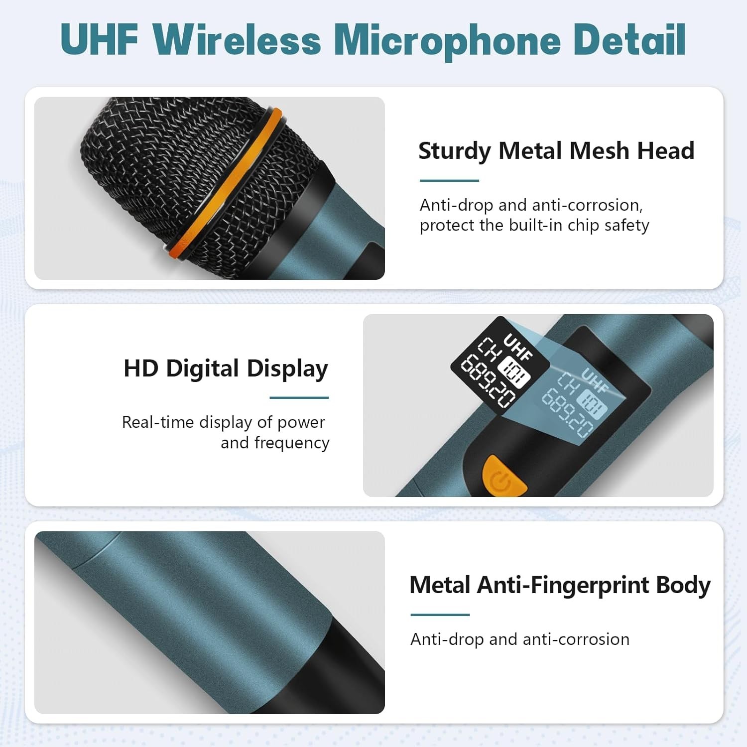Wireless Microphones, UHF Metal Rechargeable Cordless Dynamic Mic System with Au