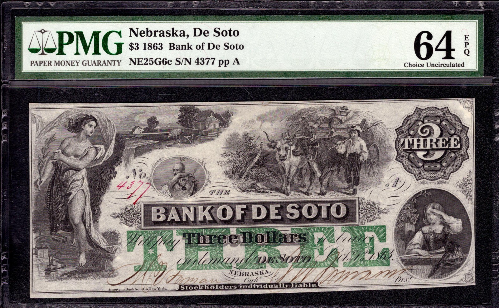 1863 $3 BANK OF DE SOTO NEBRASKA GREEN OVERPRINT OBSOLETE NOTE PMG CU 64 EPQ