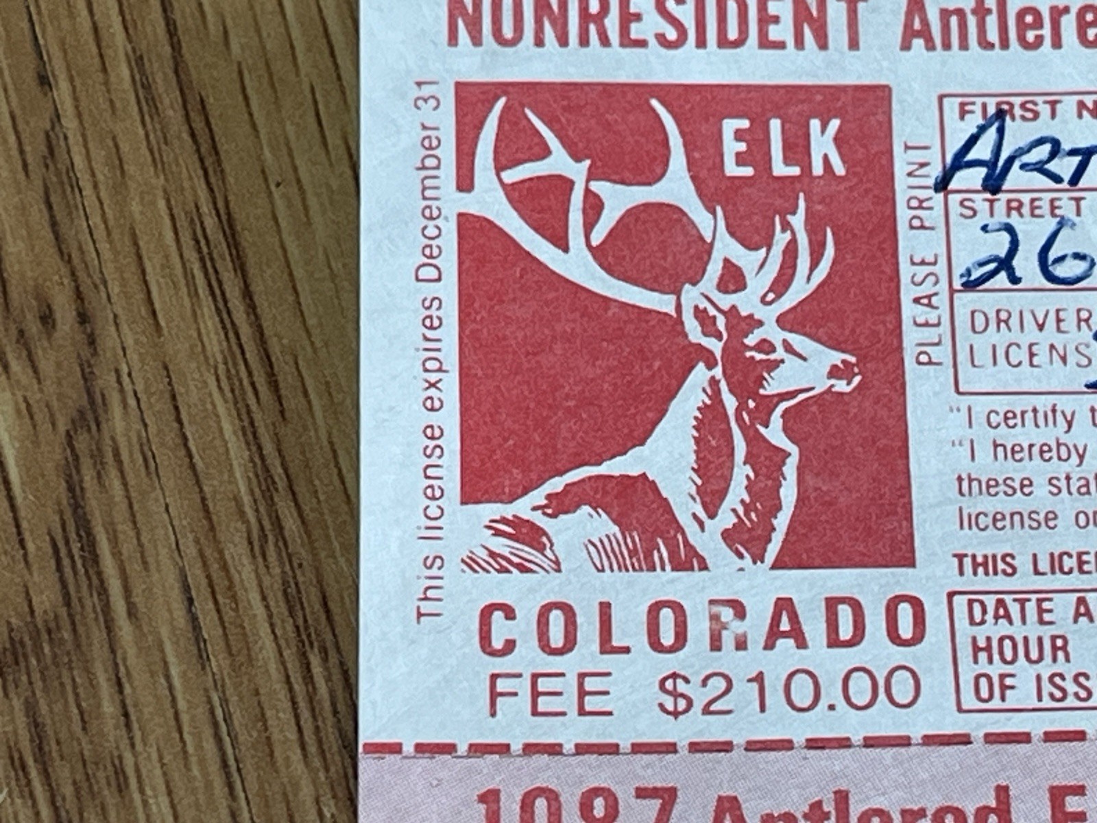 1987 COLORADO NON-RESIDENT ANTLERED ELK LICENSE Original Fee $210.00