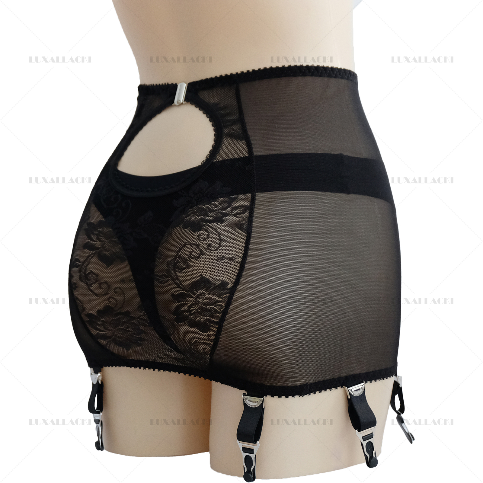 Luxallacki Mesh Floral Lace 6 Straps Garter Belt Shaping Girdle Sexy Lingerie