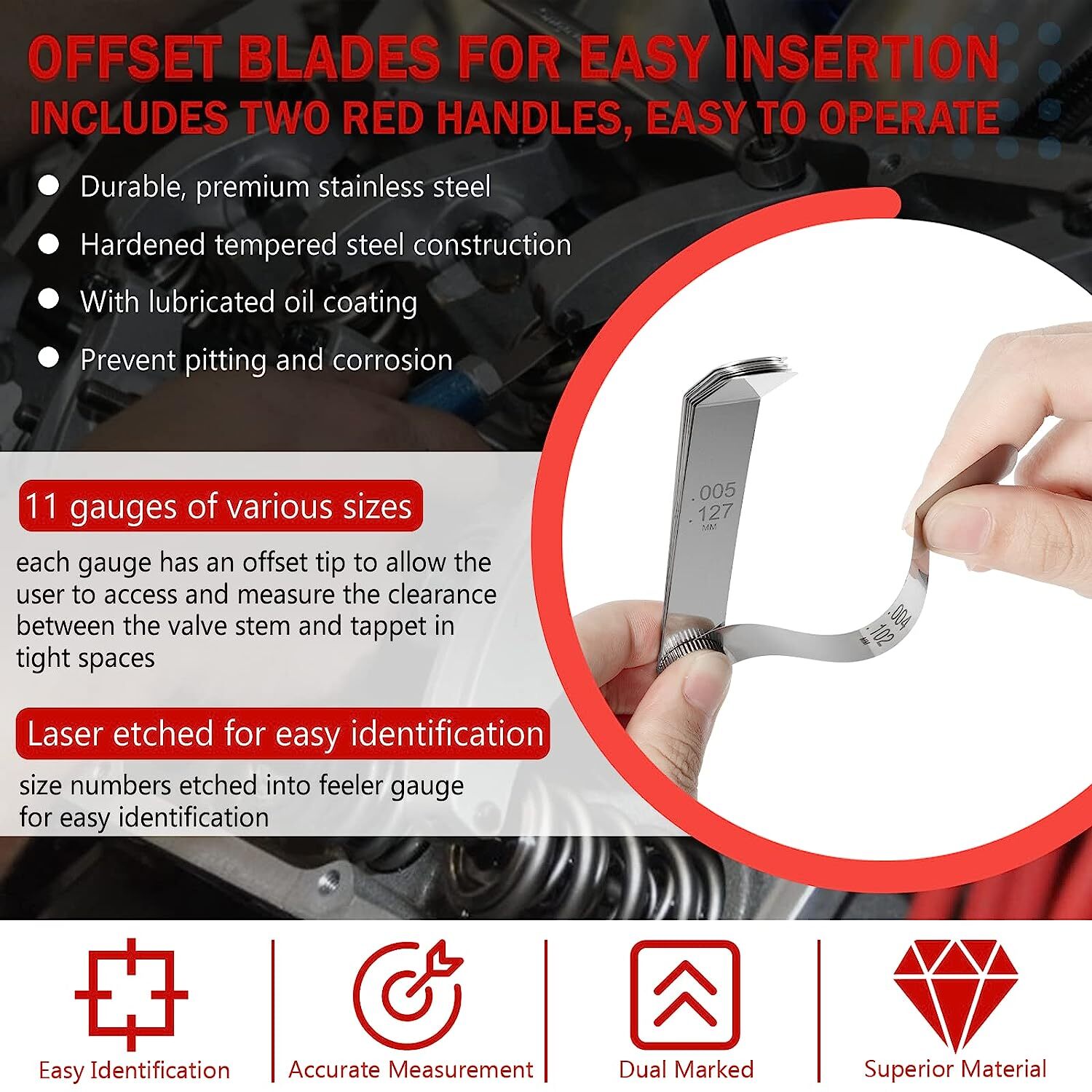 A308 Offset Valve Tappet Gauge Feeler Gauge Set 11 Blade Offset 0.004" to 0.014"