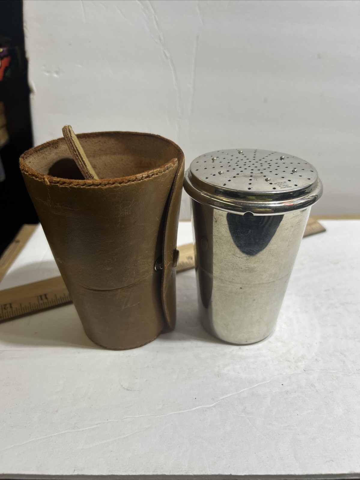 Vintage Made in Germany D G R M Travel Cocktail Shaker Set with Leather Holder