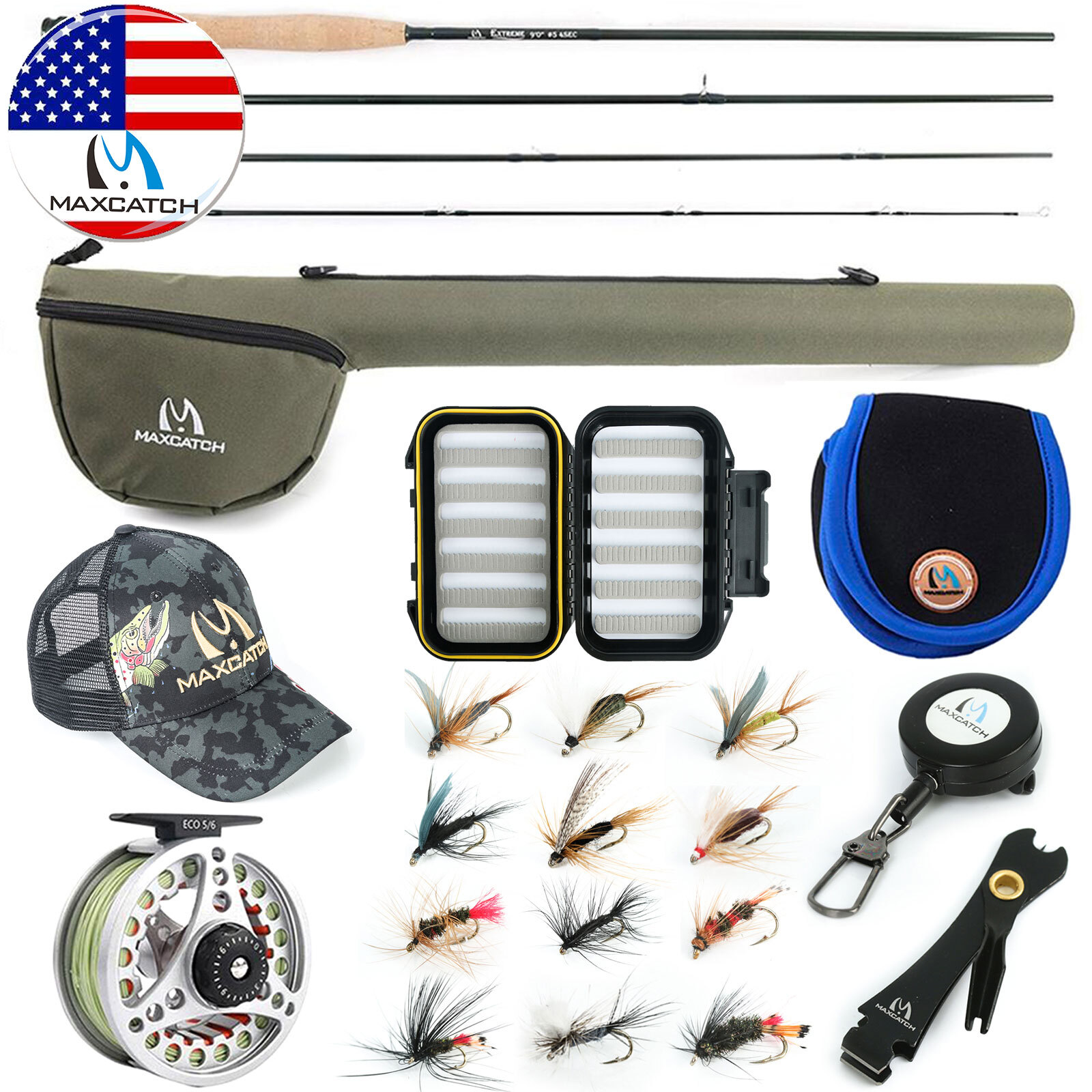 Maxcatch Extreme 3/4/5/6/7/8WT Fly Fishing Rod Combo, Fly Reel,Line,Flies Outfit