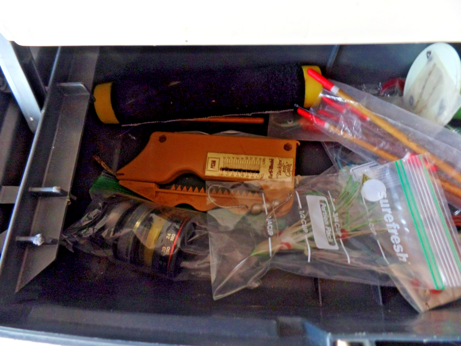 Vnt. Plano 3 tier TACKLE BOX FULL vintage Lures fishing supplies fillet knife