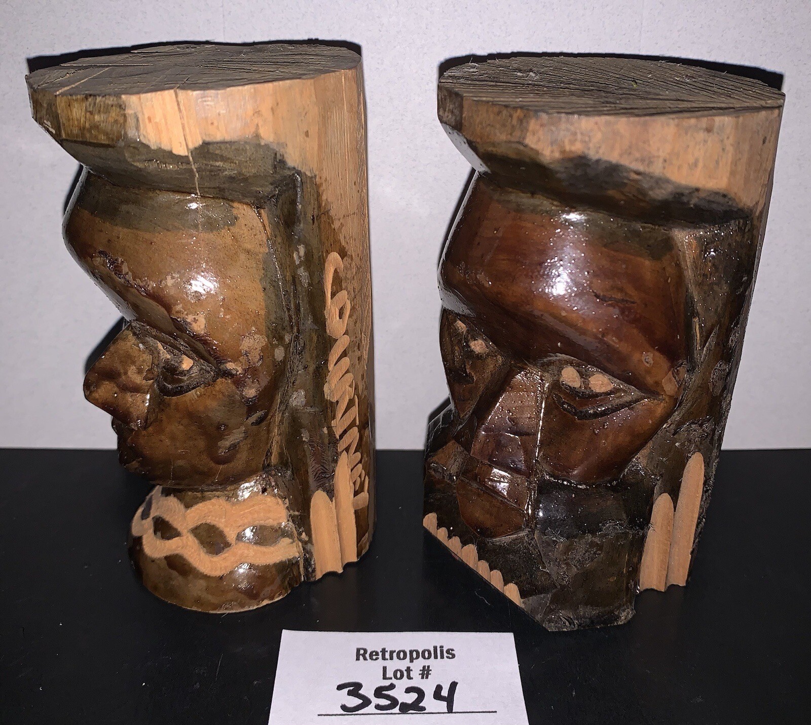 VTG Tribal Wood Totem Head Busts Male Female Hand Carved signed