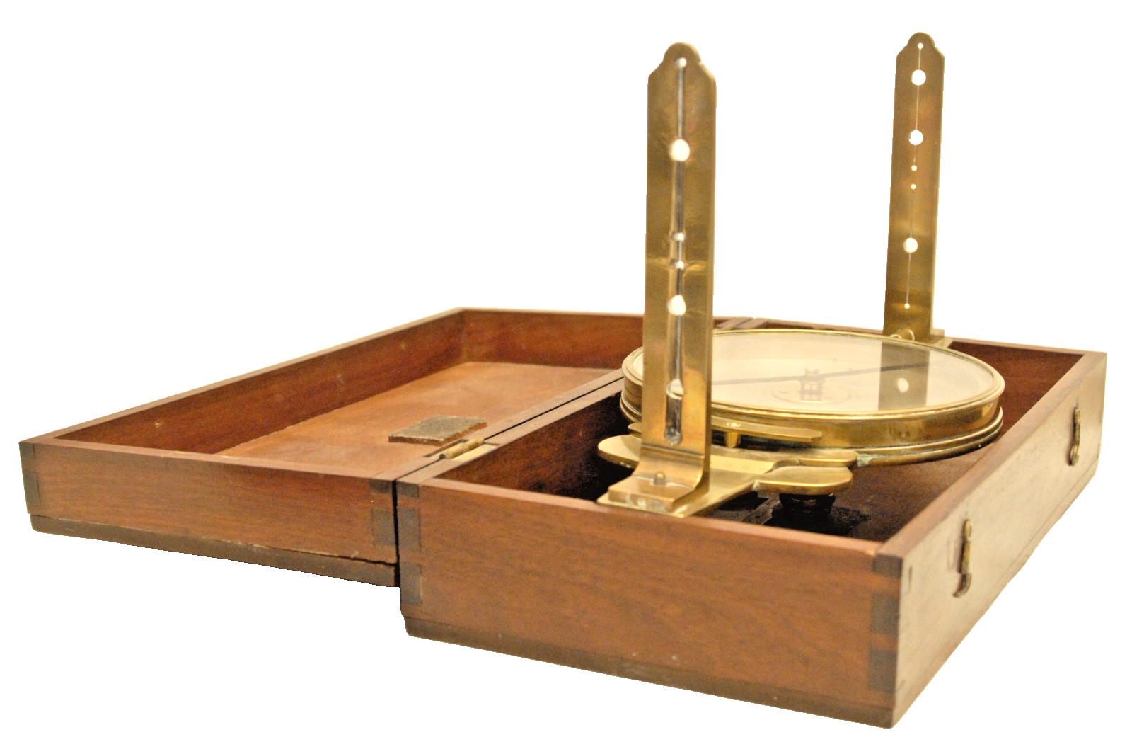 ANTIQUE EDWARD DRAPER PHILADELPHIA BRASS SURVEYORS COMPASS IN MAHOGANY WOOD CASE