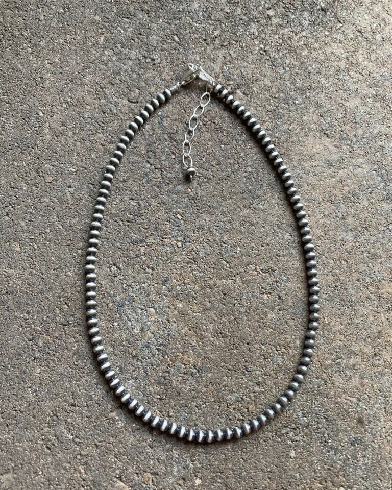 4mm 16 Inch 925 Sterling Silver Oxidized Pearls Bead Necklace Southwestern