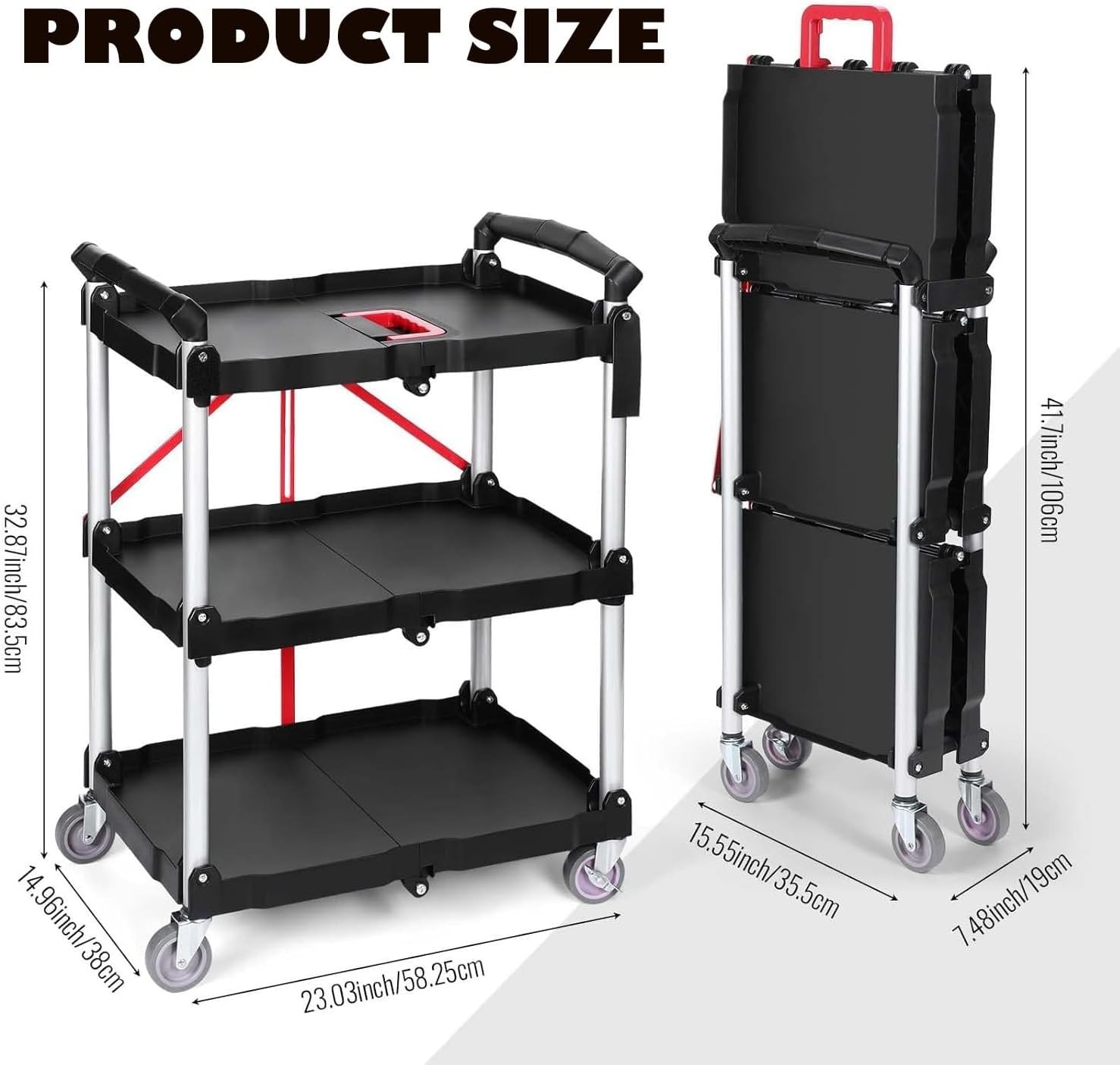 3 Tier Folding Service Cart Utility Trolley w/ Wheels Collapsible Aluminum Frame