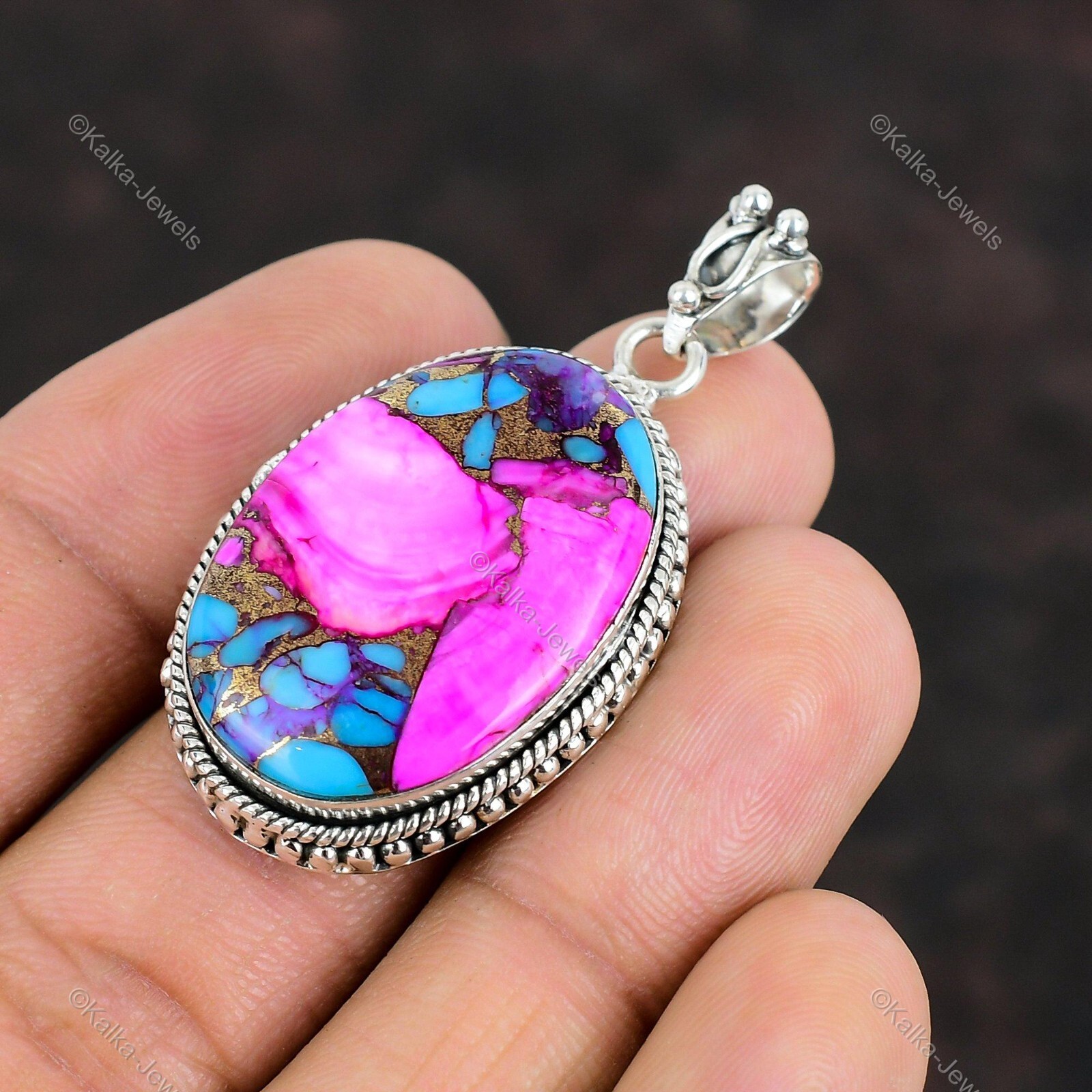 Natural Kingman Dahlia Turquoise Gemstone Pendant Pink 925 Sterling Silver